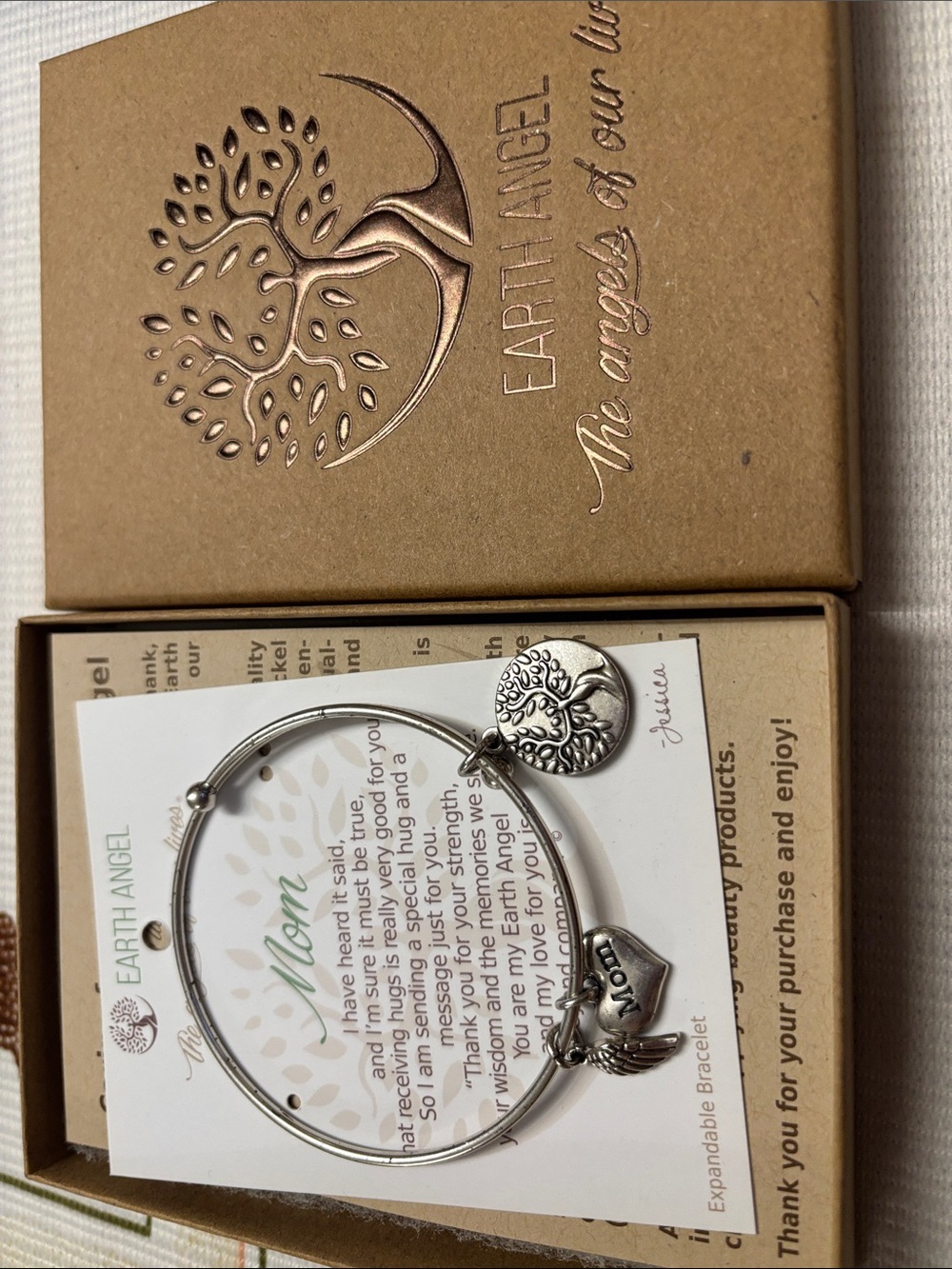 Earth Angel Silver Expandable 'Mom' Bracelet with Tree of Life Charm
